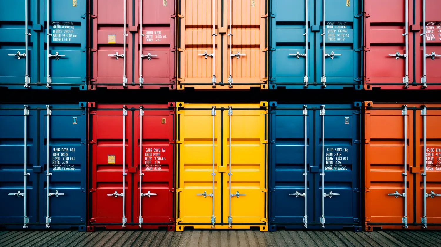 Bunte Container reihen sich in einem Hafen auf.