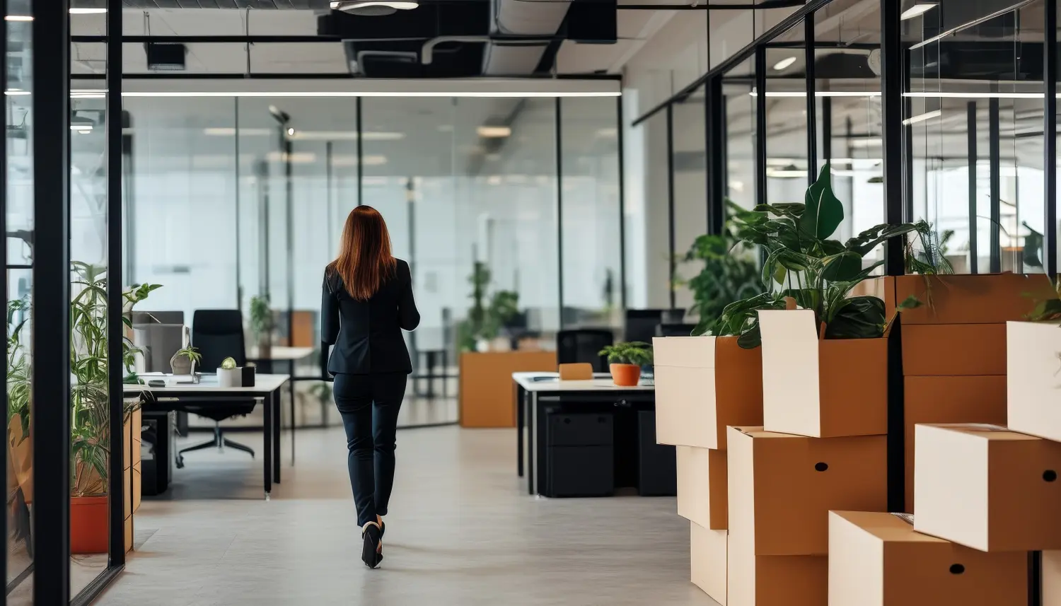 Geschäftsfrau geht mit Umzugskartons durch modernes Büro